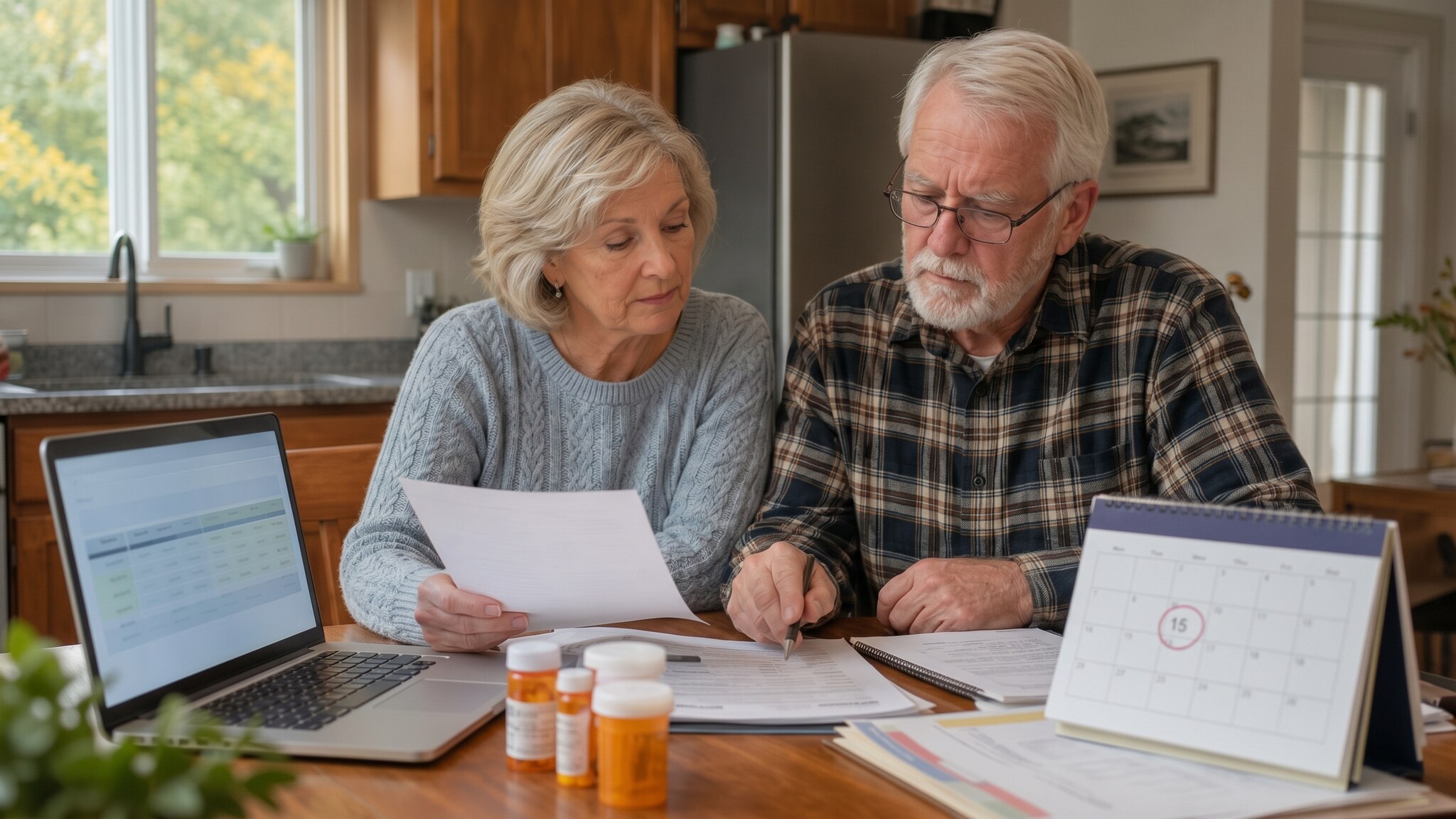 Older couple reviewing Medicare coverage documents with prescription bottles and a laptop